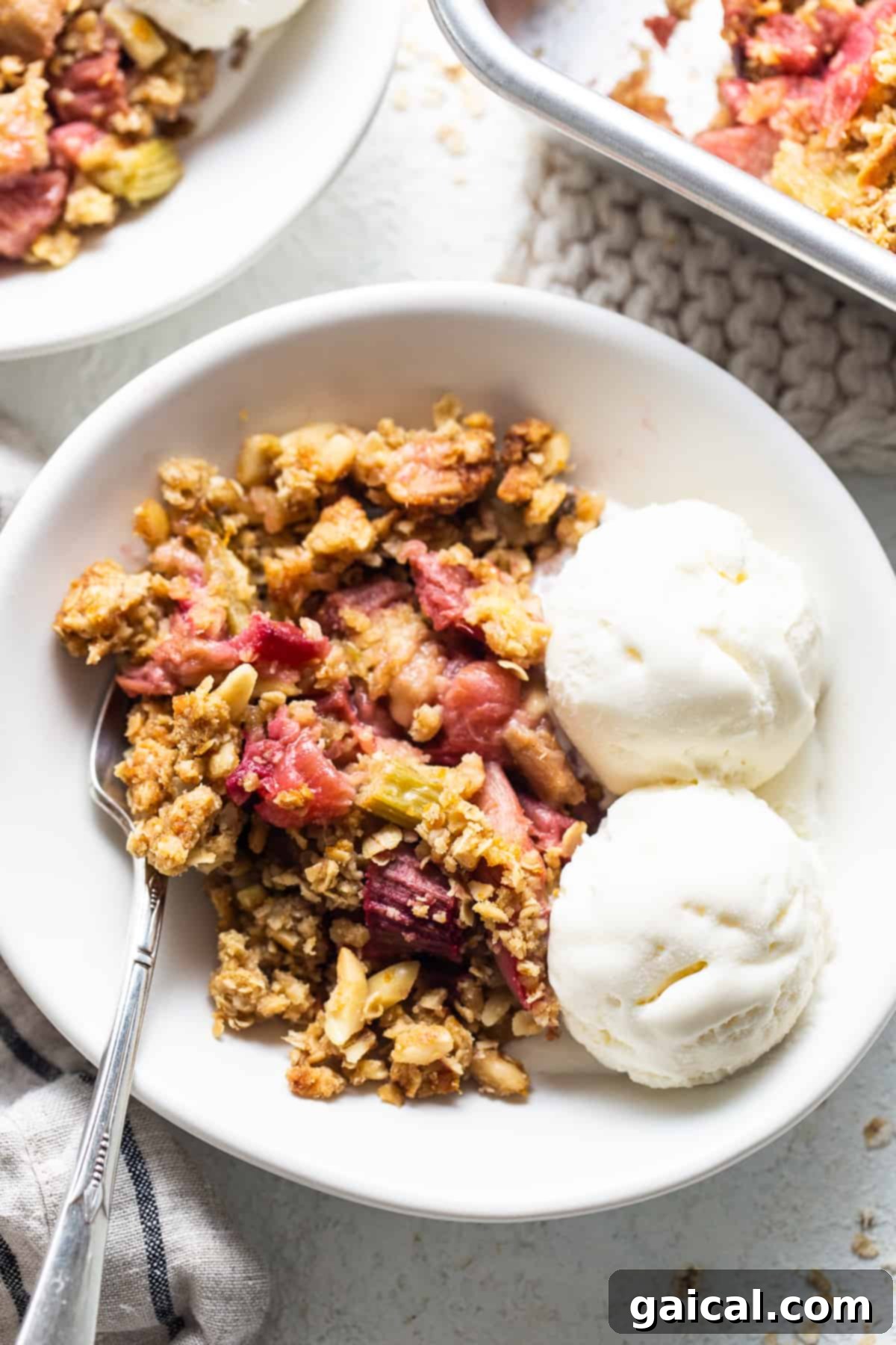 A close-up of a serving of rhubarb crisp in a bowl, topped with a generous scoop of vanilla ice cream and garnished with fresh raspberries.