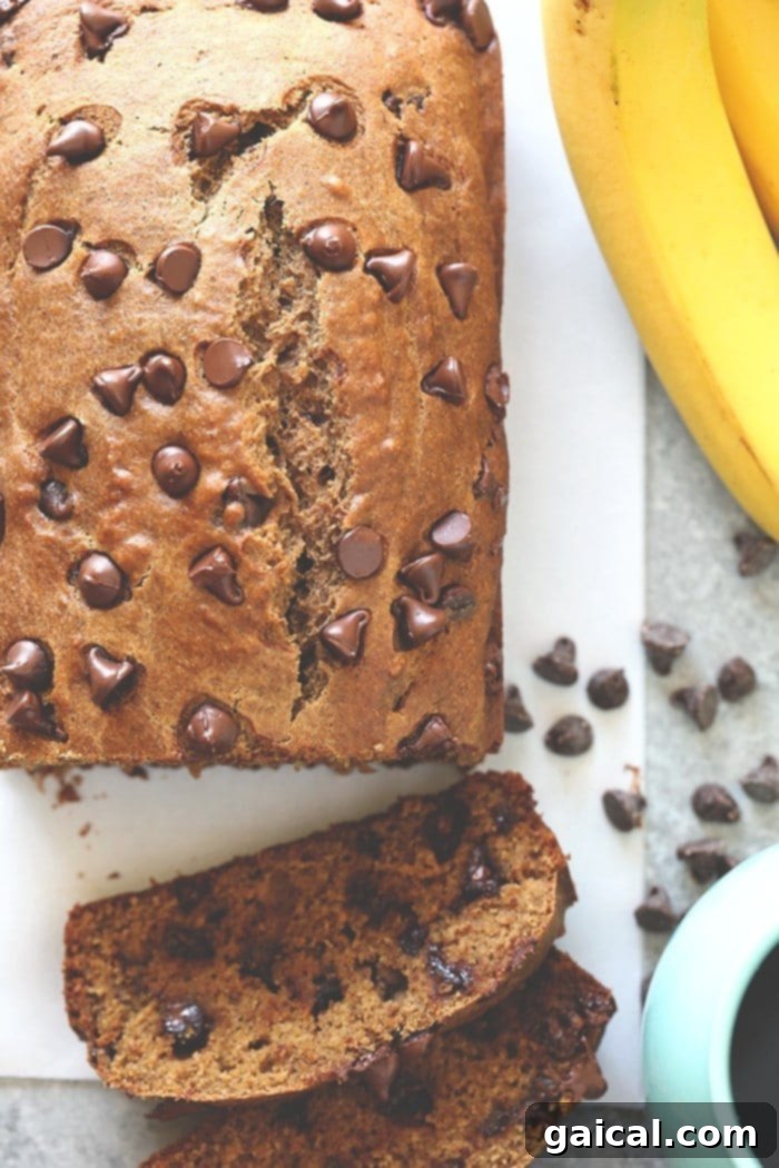 This Healthy Banana Bread with coconut oil is about to change your life. It's made with white whole wheat flour, roasted bananas, coconut oil, and dark chocolate chips. Close-up of healthy banana bread slices with perfectly melted dark chocolate chips, creating a tempting glaze.