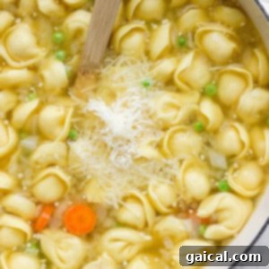 A pot of tortellini soup with carrots, peas, and grated cheese on top.
