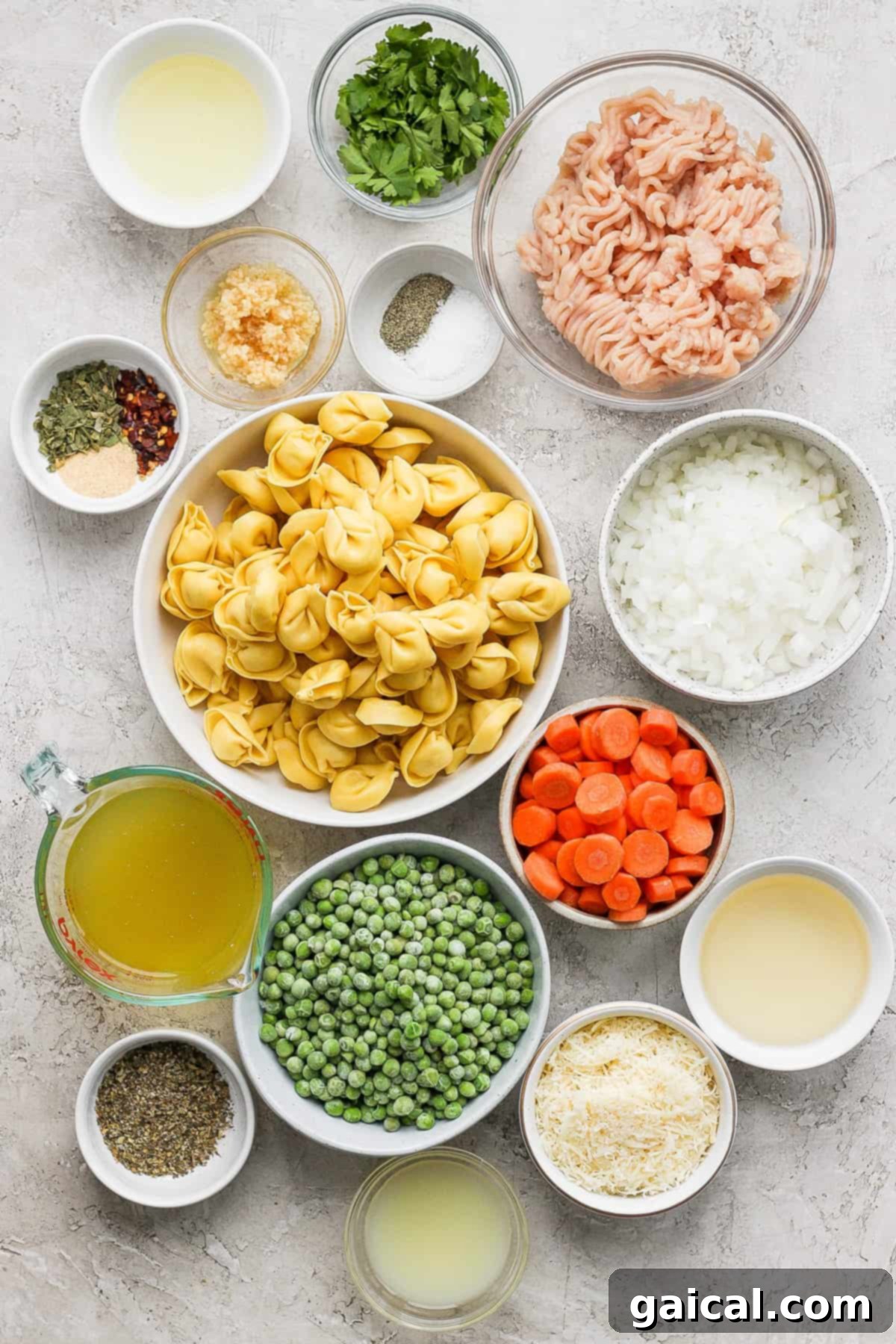Assorted ingredients for cooking laid out on a surface, including fresh tortellini pasta, chopped vegetables, ground meat, a variety of spices, and chicken broth in a carton.