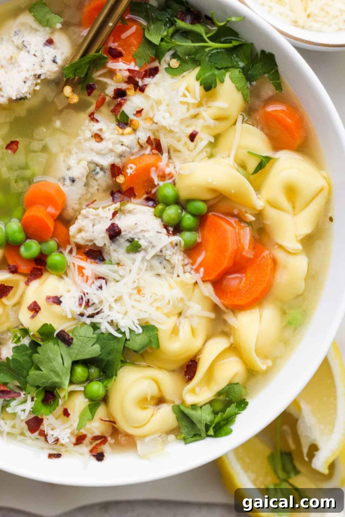 A comforting bowl of chicken noodle soup with fresh vegetables, beautifully garnished with parsley and grated cheese, ready for serving.