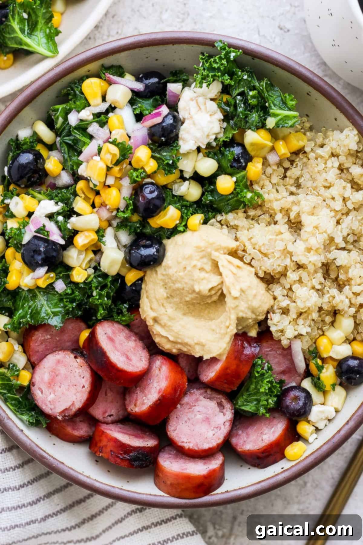 A beautifully arranged bowl, brimming with fluffy quinoa, perfectly grilled sliced sausage, a vibrant green kale salad mixed with corn and blueberries, and a smooth swirl of hummus on top.