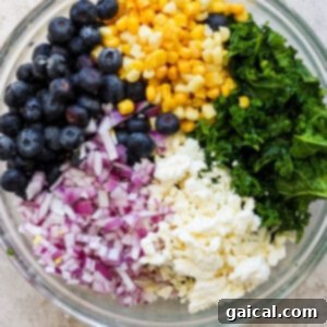 A vibrant mix of colorful ingredients for the kale salad, including blueberries, corn kernels, red onions, and feta cheese, combined with massaged kale in a clear bowl.