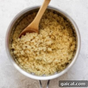 Cooked quinoa in a pot with a wooden spoon, showcasing its fluffy texture.