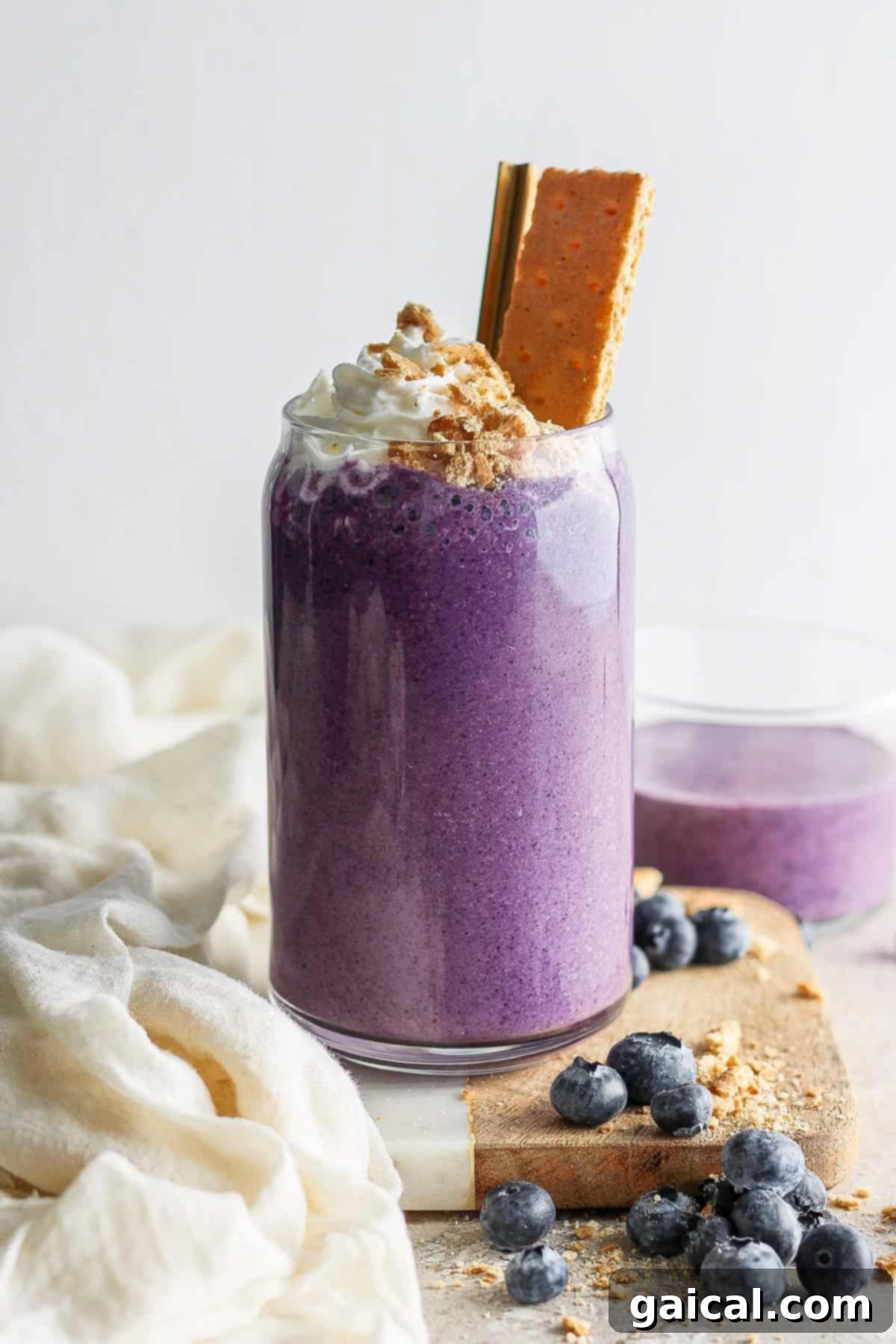 Vibrant Plate Collective 5 A vibrant purple smoothie topped with whipped cream and a cookie, garnished with blueberries on a light, textured background.