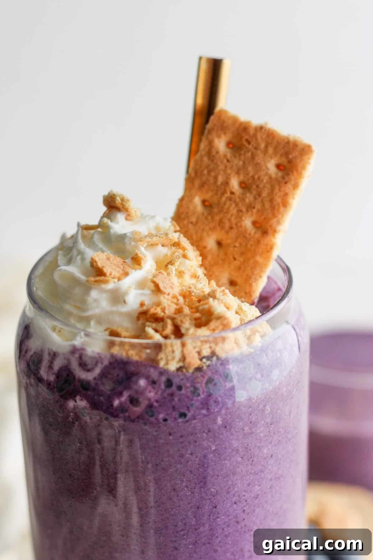 Vibrant Plate Collective 6 A vibrant purple smoothie topped with whipped cream and crushed biscuits, served in a clear glass with a gold straw.