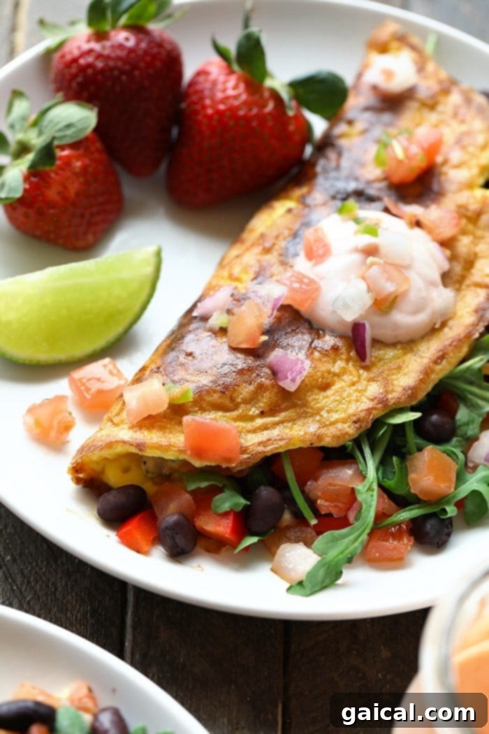 Garden Fresh Omelet 7 A beautifully arranged plate featuring a protein-packed veggie omelette with black beans, complemented by fresh strawberries, perfect for a nutritious breakfast.