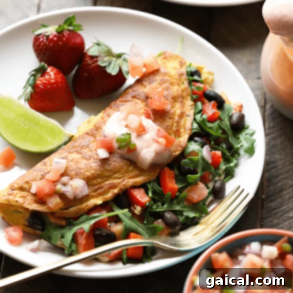 Garden Fresh Omelet 8 A perfectly plated omelette featuring black beans, fresh strawberries, and vibrant salsa, highlighting a complete and healthy breakfast meal.