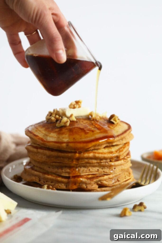 Sweet Potato Power Pancakes 6 Golden sweet potato pancakes generously drizzled with rich maple syrup.