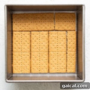 Rectangular graham crackers neatly arranged in a metal baking tray on a white textured background.