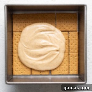 A square baking dish filled with graham crackers topped with a layer of smooth, creamy filling.