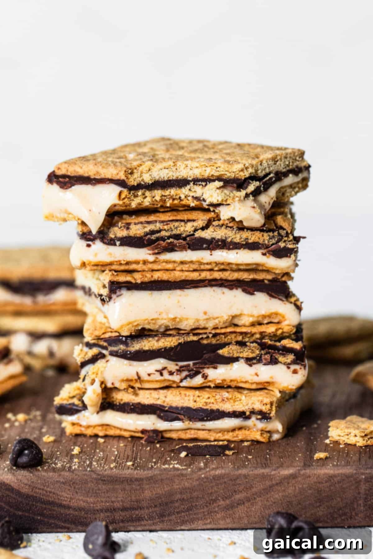 Peanut Butter Protein Smores Freeze 3 A stack of s'mores with layers of creamy filling, chocolate, and graham crackers, surrounded by crumbs and chocolate chips.