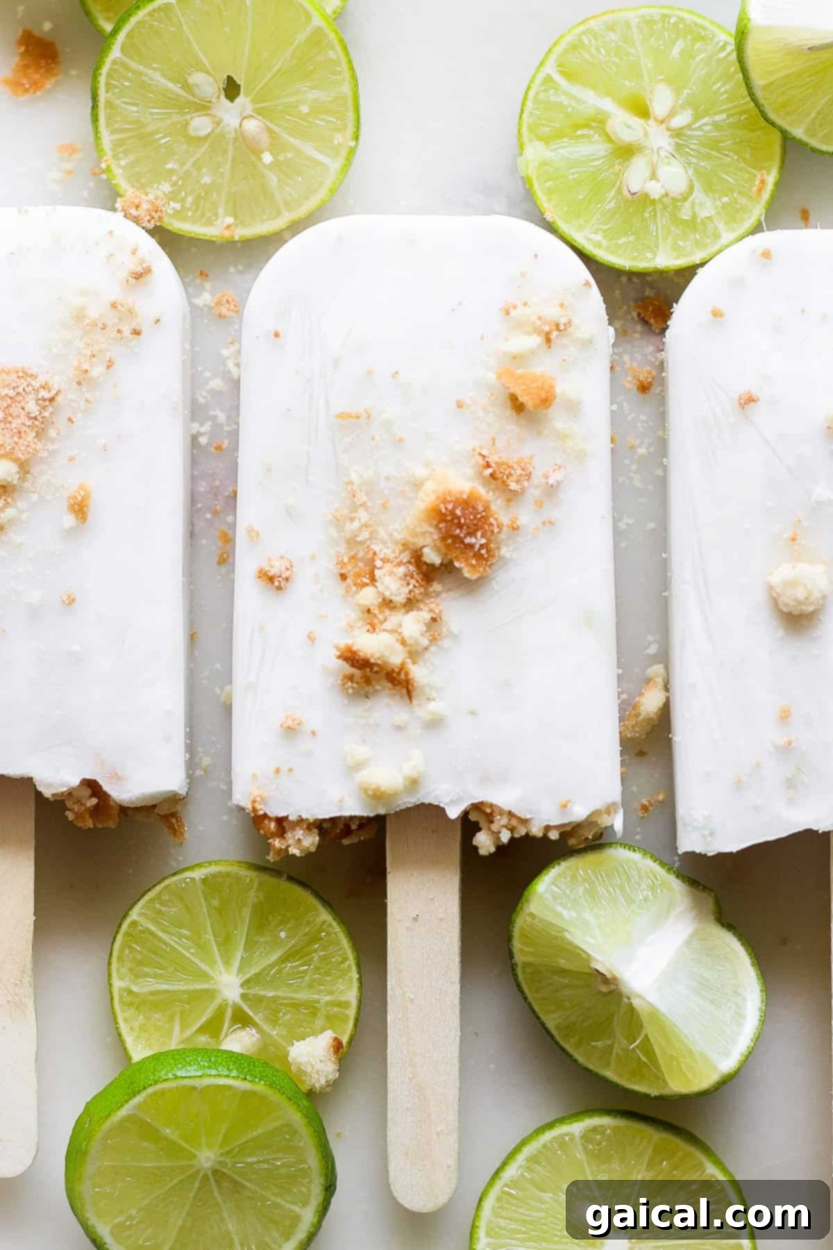 Zesty Coconut Key Lime Frozen Treats 2 A close-up shot of a Coconut Key Lime Pie Popsicle with a white chocolate drizzle and Nilla wafer crumbles, set against a blurred background of more popsicles.