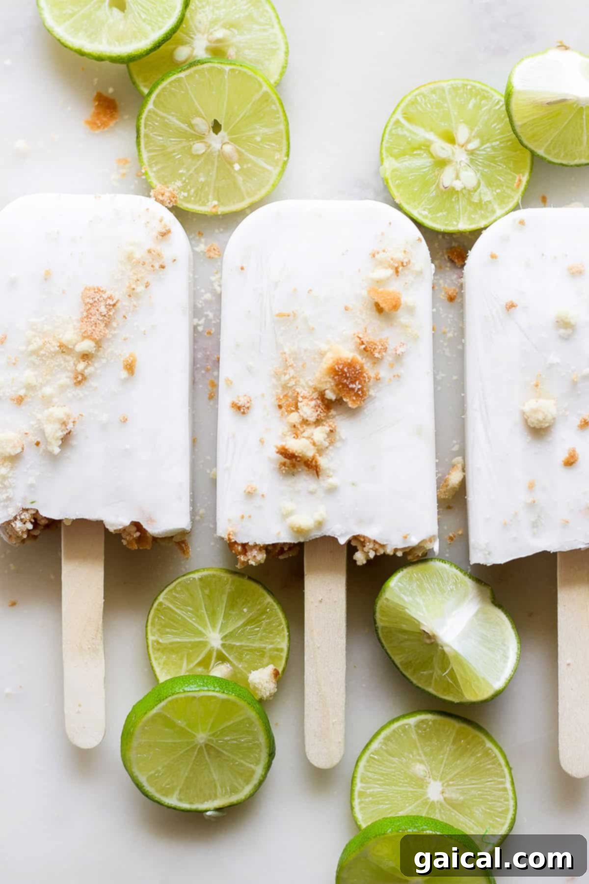 Zesty Coconut Key Lime Frozen Treats 6 A hand holding a perfectly frozen Coconut Key Lime Pie Popsicle, showing its creamy texture and crumbly topping, ready to eat.