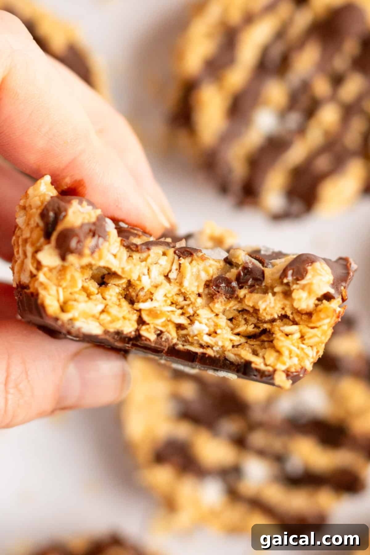 A hand holding a chocolate-drizzled oat bar with a bite taken out. Other similar bars are visible in the background.
