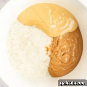 A bowl containing shredded coconut, smooth peanut butter, and crunchy peanut butter.