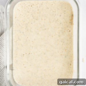 A glass container filled with oatmeal mixture is on a countertop.