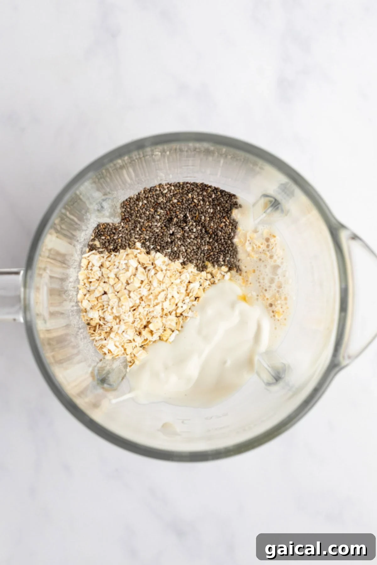 A blender containing chia seeds, oats, a white creamy substance, and liquid viewed from above on a light-colored surface.