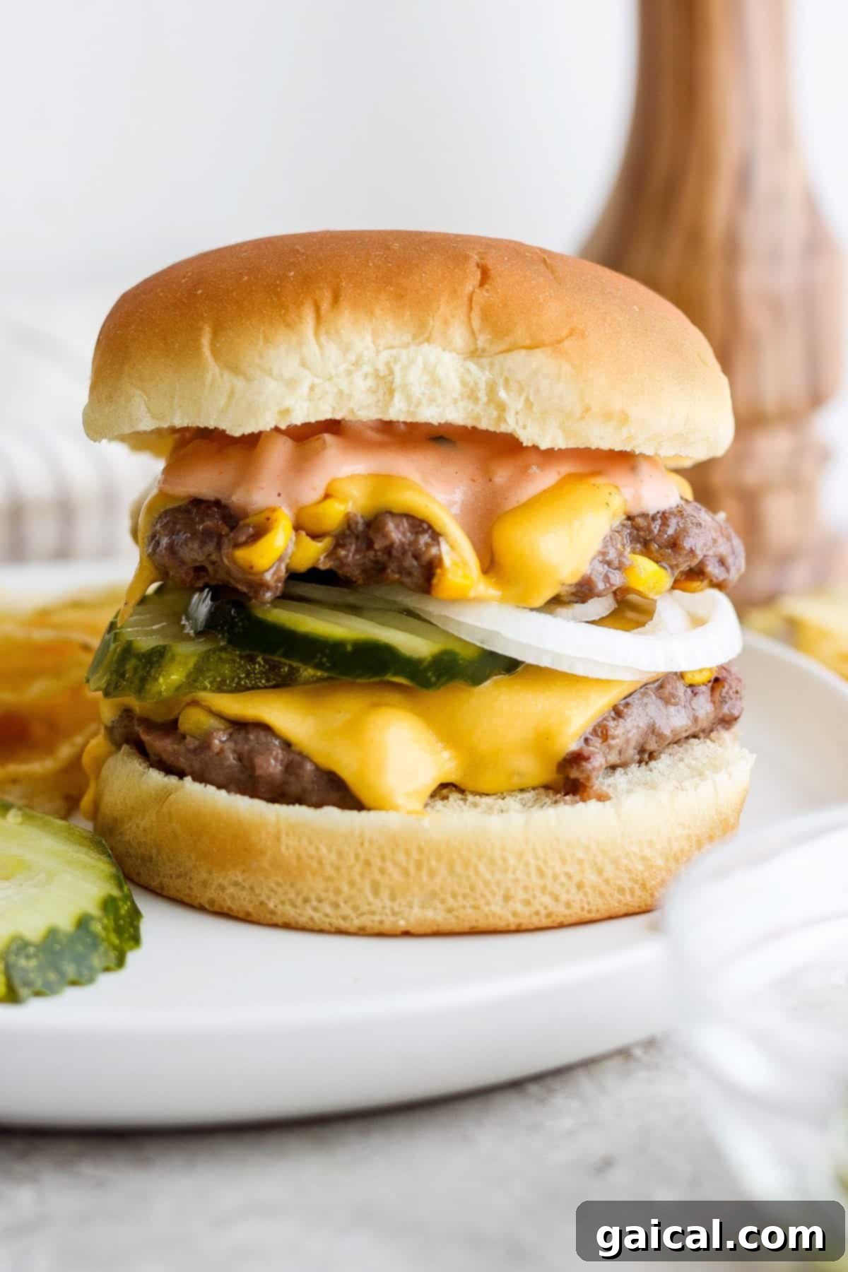 Confetti Corn Smash Burger 2 A mouth-watering double cheeseburger with pickles, ready to be enjoyed.