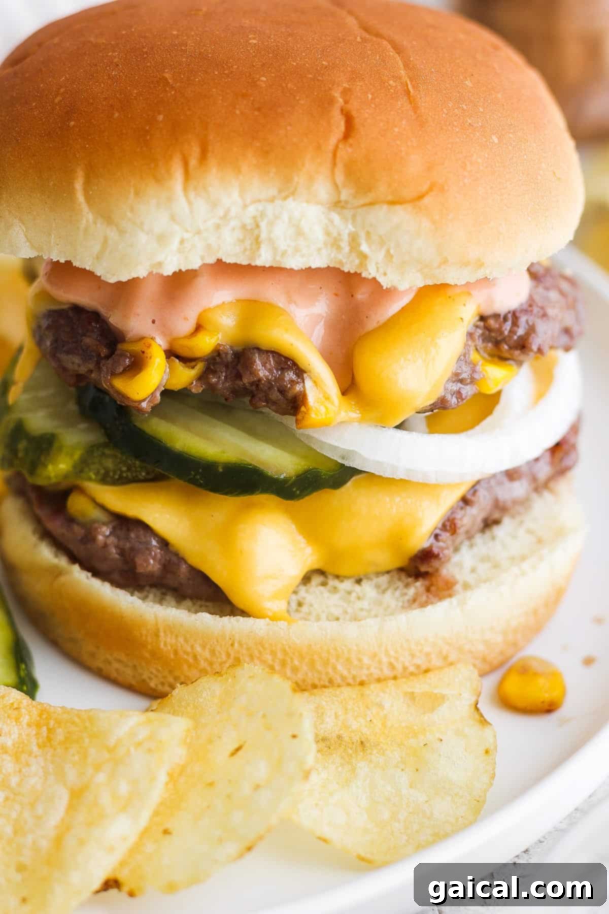 Confetti Corn Smash Burger 5 A delightful cheeseburger served with crispy potato chips on a white plate.