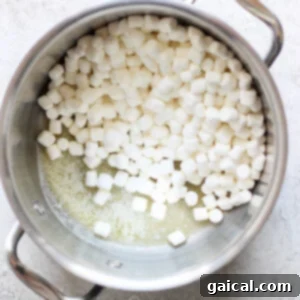 A metal pot containing partially melted mini marshmallows on a light-colored surface, ready to be transformed into delicious toasted Rice Krispie treats.