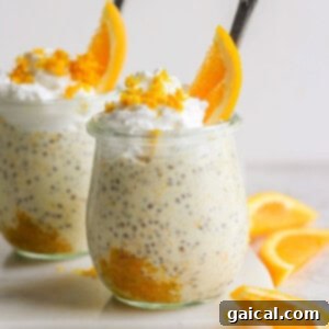 Two glass jars filled with chia pudding topped with whipped cream, orange zest, and orange slices, each with a spoon inserted. Slices of orange are placed beside the jars, giving off a vibes of creamsicle overnight oats.