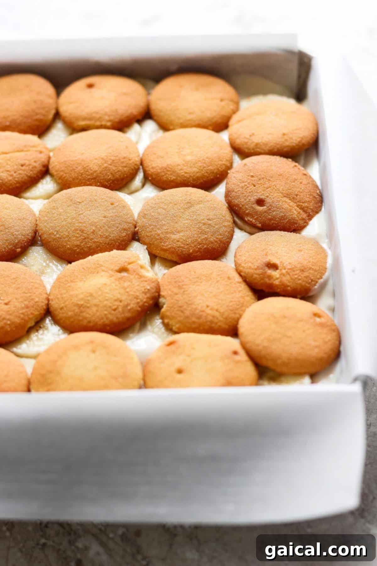 Creamy Peanut Butter Banana No-Bake Delight 3 A baking dish filled with layers of vanilla wafer cookies, partially submerged in a creamy mixture, transforms into a delectable peanut butter banana ice box cake.