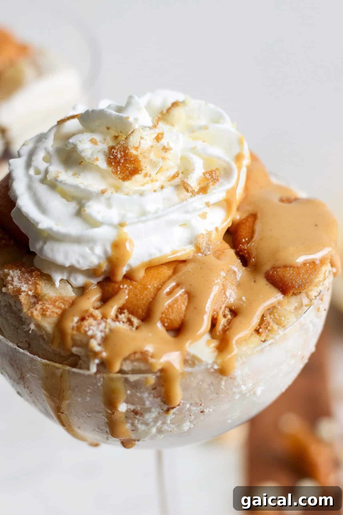 Creamy Peanut Butter Banana No-Bake Delight 7 Close-up of a peanut butter banana ice box cake topped with whipped cream, caramel sauce, and cookie crumbs, served in a glass container.