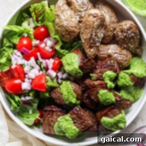 A bowl of grilled steak chunks with green sauce, roasted potatoes, and a side salad of lettuce, tomatoes, and chopped red onions.