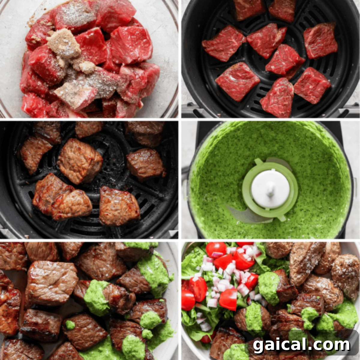 A close-up shot of perfectly cooked steak bites, golden brown and glistening, served on a white plate with a generous drizzle of a vibrant green herb sauce.