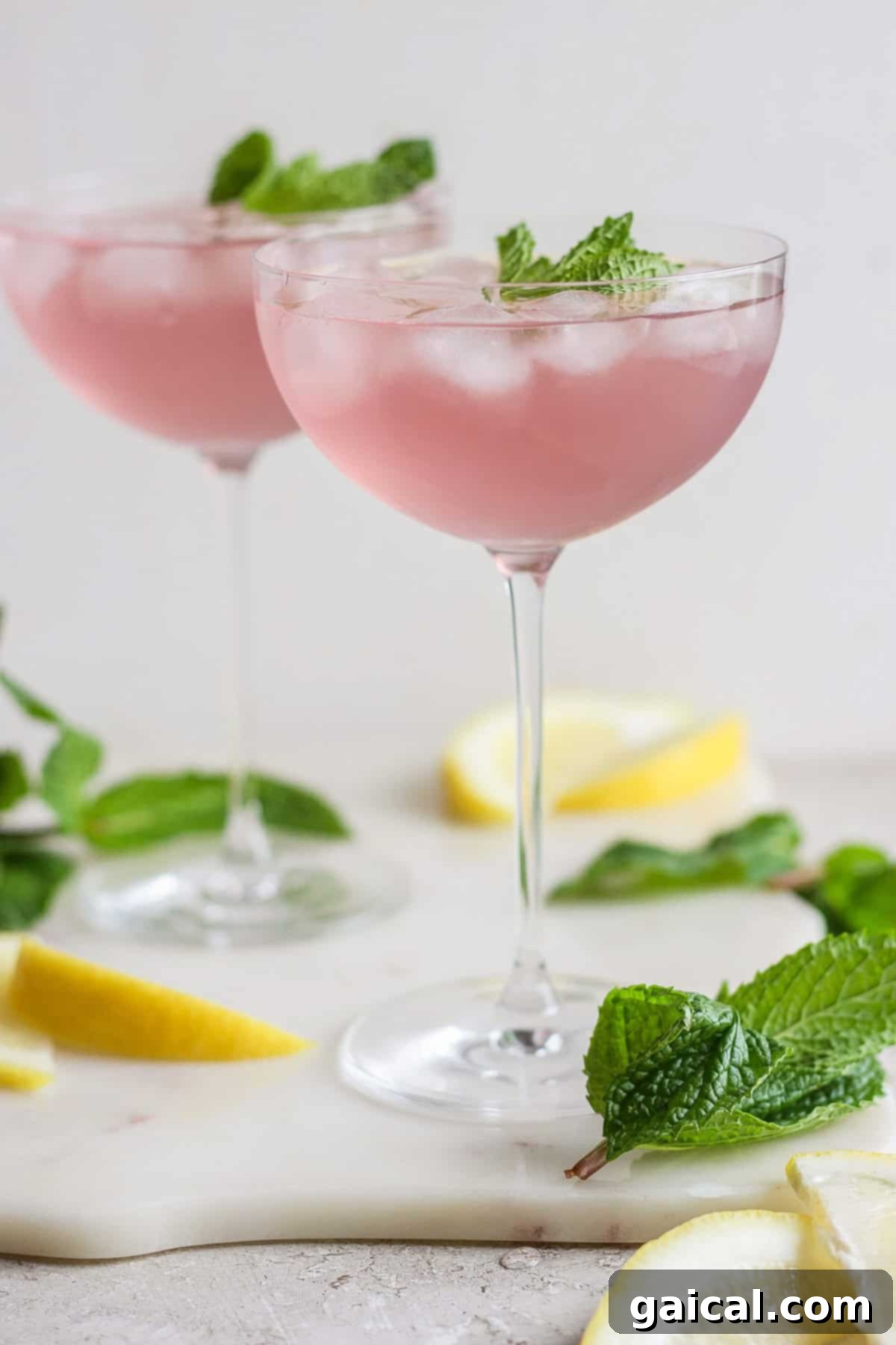 A vibrant purple unicorn gin cocktail garnished with a lemon slice and mint leaves, ready to change color.
