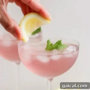 A hand placing a lemon slice on the rim of a pink cocktail garnished with mint in a stemmed glass.