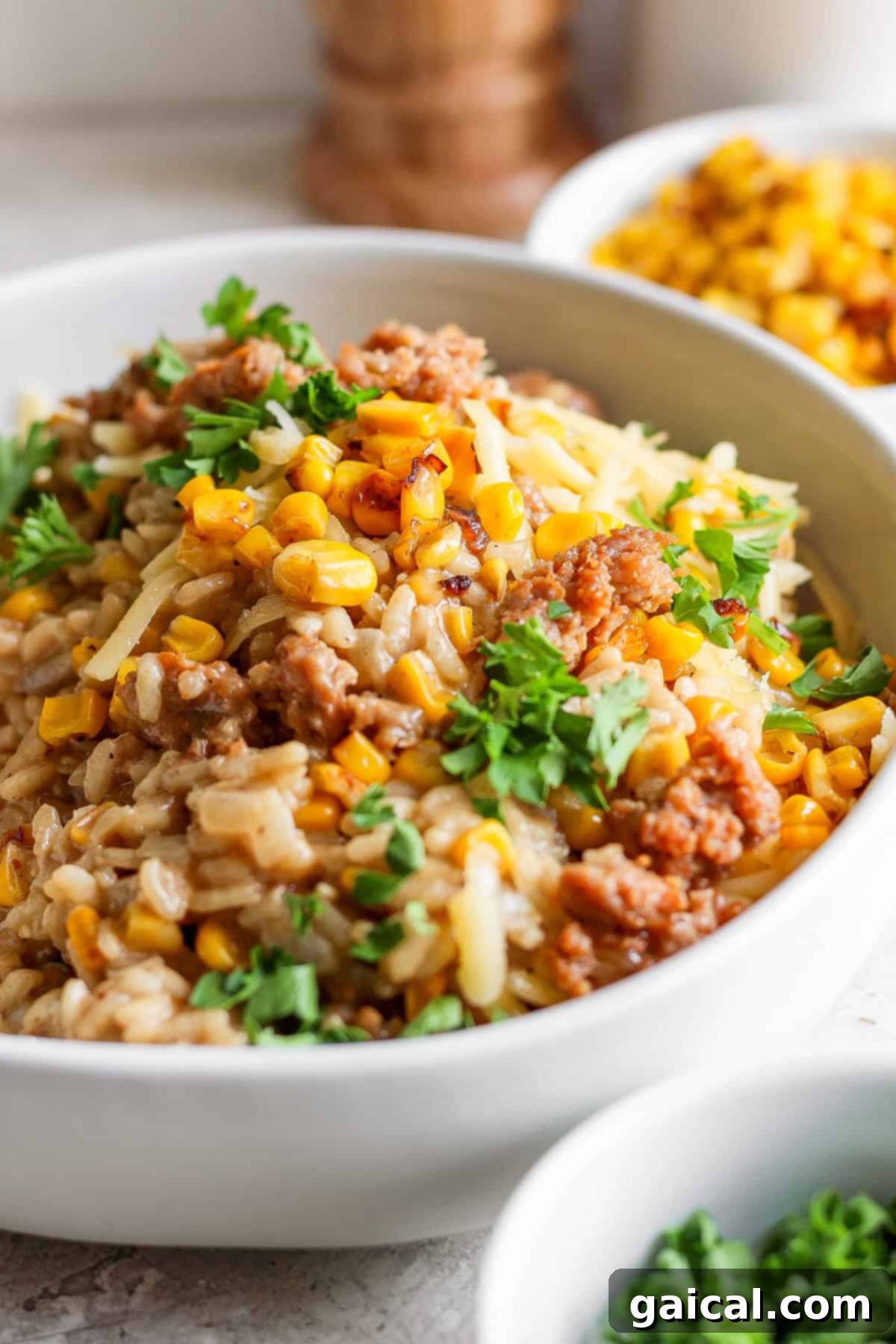 A vibrant bowl of creamy sweet corn risotto, generously topped with savory ground Italian sausage, bright golden corn, a sprinkle of shredded cheese, and fresh green parsley. Other delicious side dishes are subtly blurred in the background, creating an appealing meal spread.