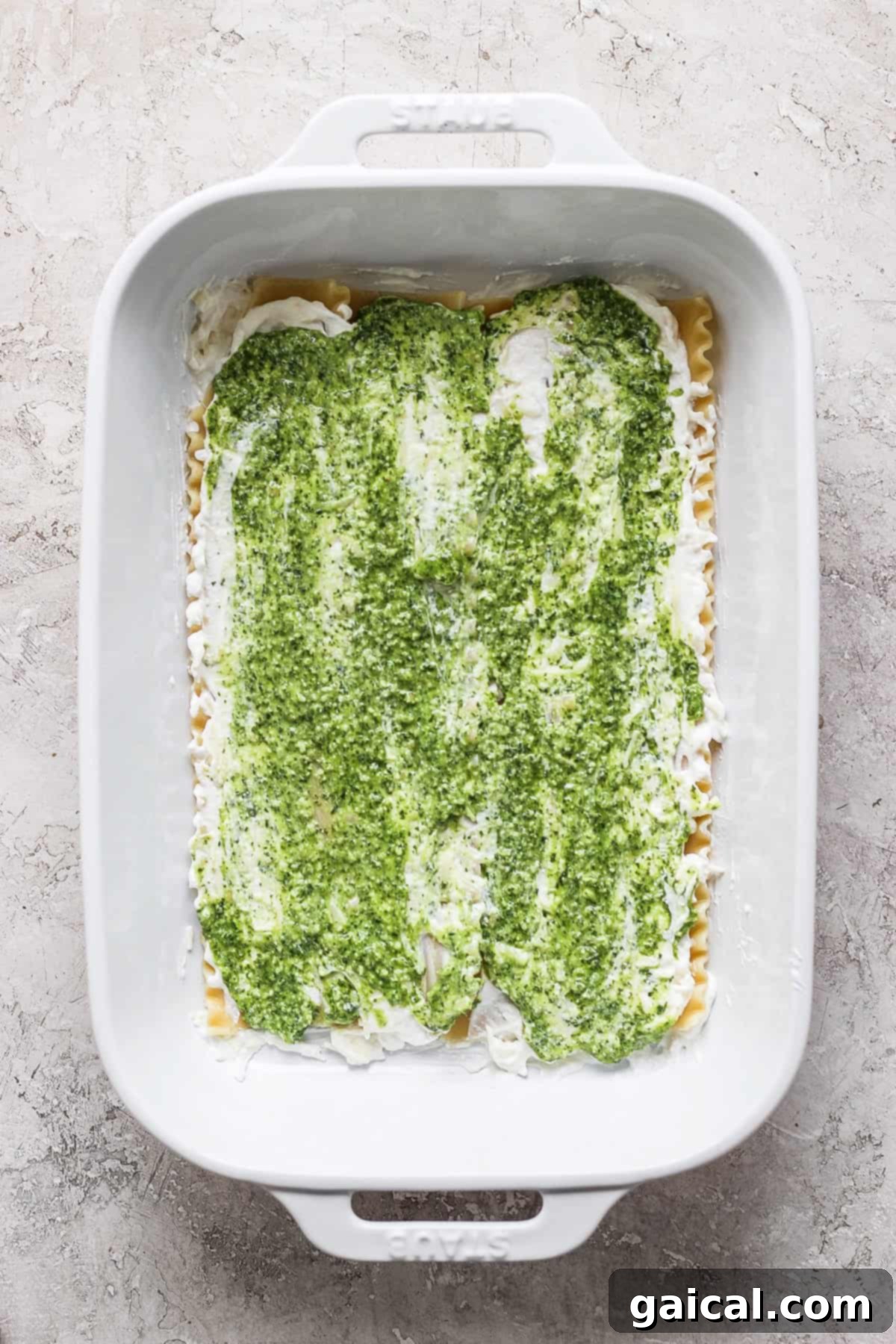 Rustic Pesto Lasagna 4 A pristine white baking dish filled with an uncooked, beautifully layered green and white lasagna, indicating fresh pesto, creamy cheese, and pasta, all set against a textured light gray surface, ready for the oven.