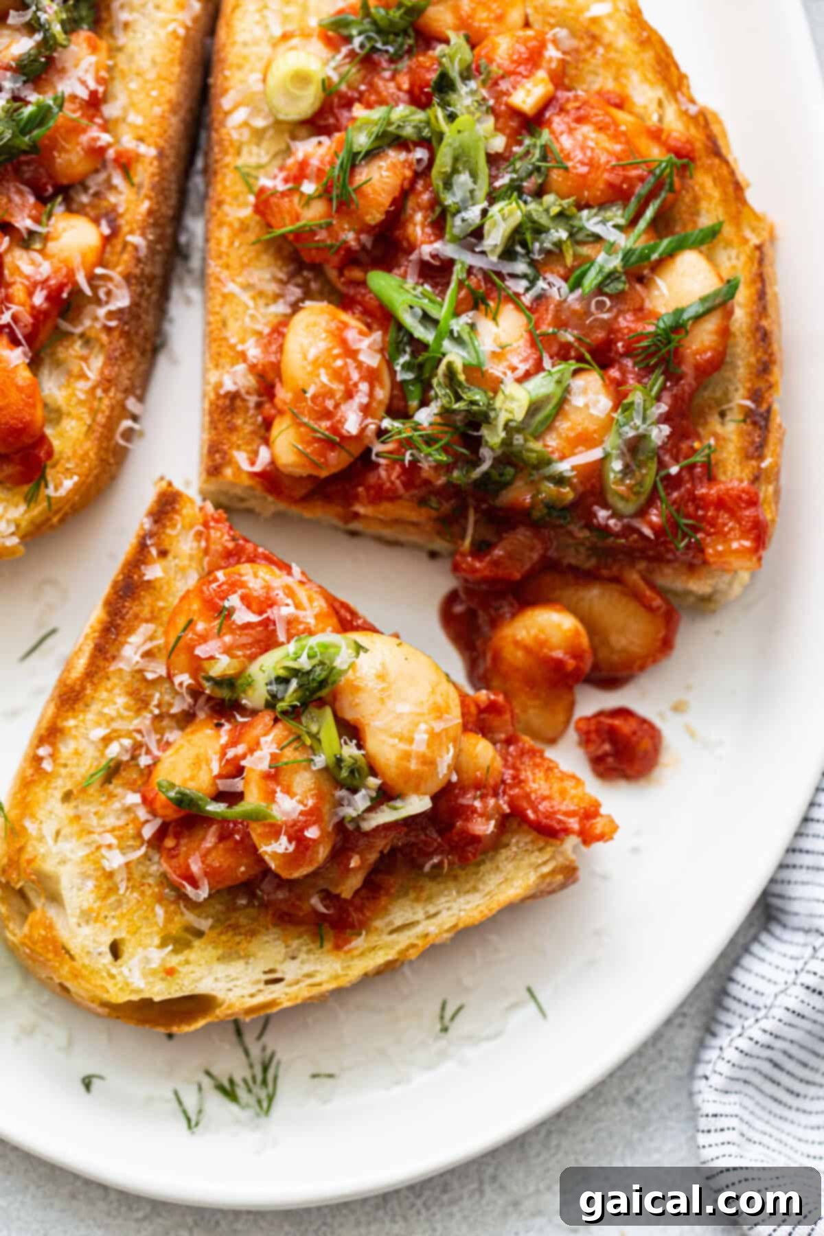 Two pieces of perfectly toasted bread adorned with a colorful and flavorful bean and tomato mixture, elegantly garnished with fresh herbs, on a pristine white plate.
