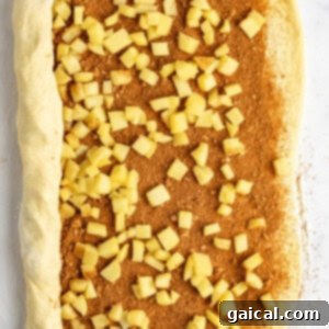 Gooey Cinnamon Apple Rolls 13 Unbaked cinnamon roll dough topped with diced apples and cinnamon sugar, partially rolled up on a light surface.