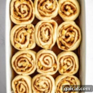 Gooey Cinnamon Apple Rolls 15 A baking dish that contains twelve unbaked cinnamon rolls arranged in rows on a light-colored surface.