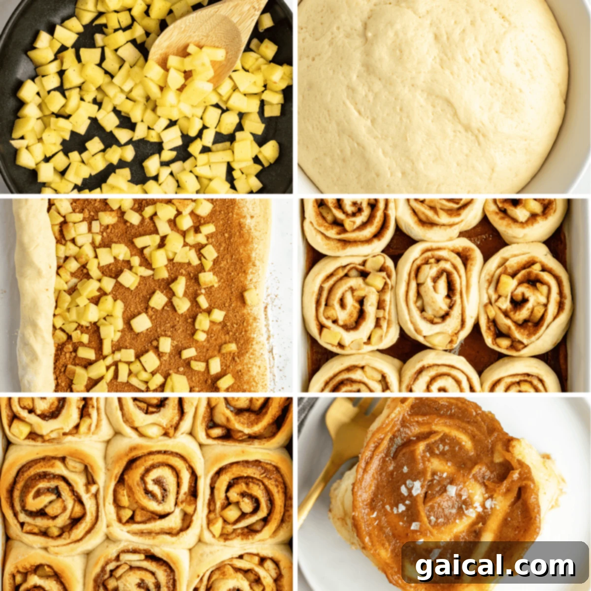 Gooey Cinnamon Apple Rolls 3 Six-step process of making cinnamon rolls with a diced apple filling, showing stages from mixing dough and filling with apples and cinnamon to rolling, baking, and the final glazed rolls.