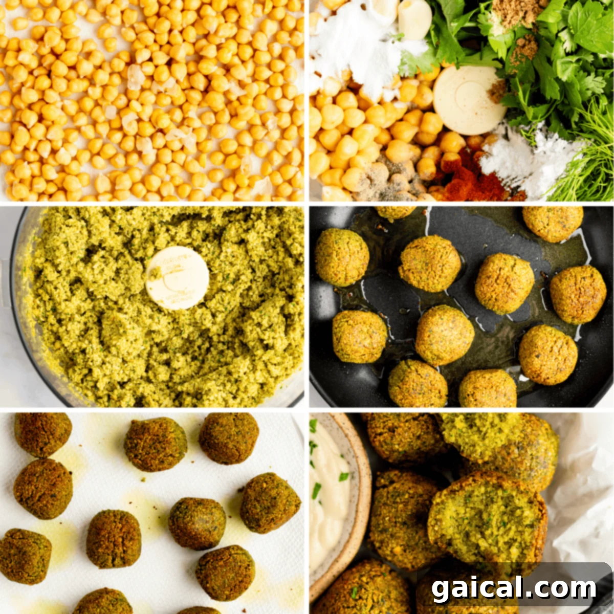 Close-up of various fresh falafel ingredients arranged on a light surface, including chickpeas, fresh herbs, garlic, and spices.