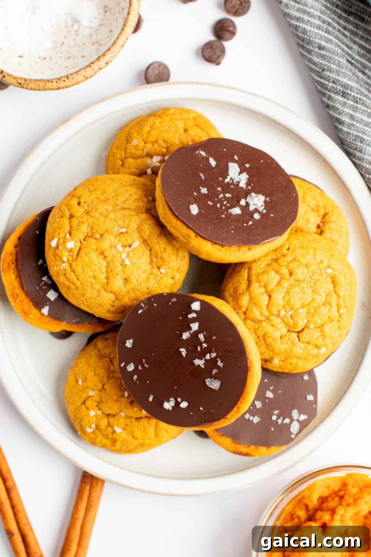 A white plate holds several Chocolate Dipped Pumpkin Cookies, some topped with coarse sea salt. Nearby are a bowl of melted chocolate, a kitchen cloth, chocolate chips, and cinnamon sticks, evoking a warm autumn scene.