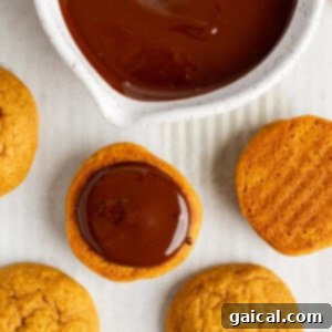 Cookies being dipped in melted chocolate from a white bowl, with additional cookies placed nearby on a white surface.