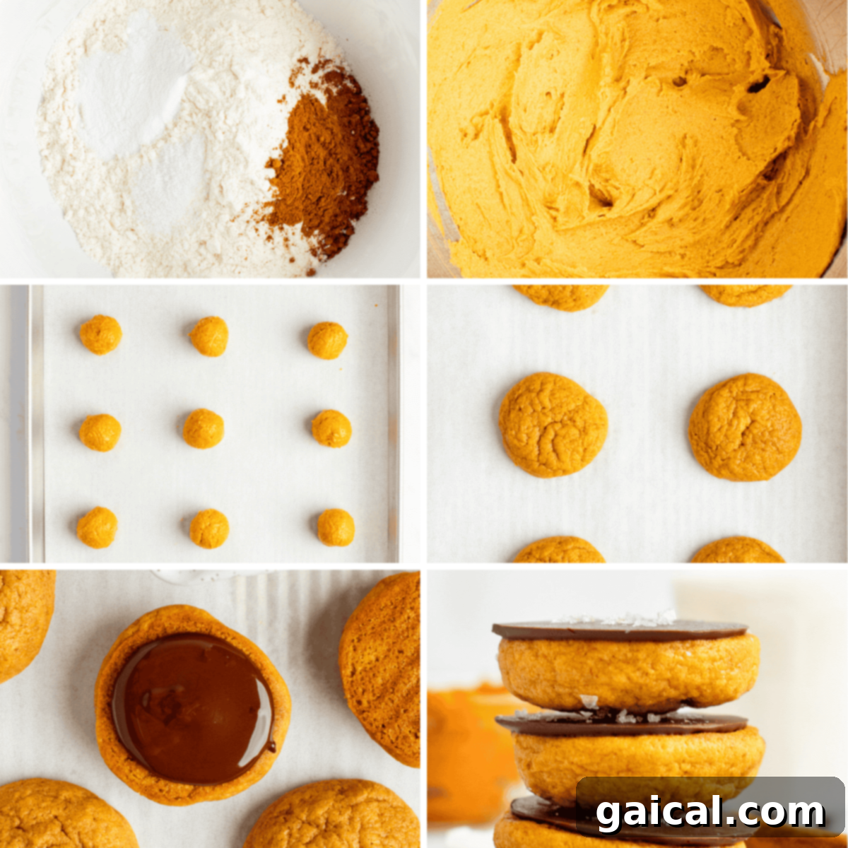 A step-by-step visual guide to making cookies, including dry ingredients in a bowl, mixed dough, dough balls on a tray, baked cookies, cookies with chocolate topping, and stacked finished cookies.