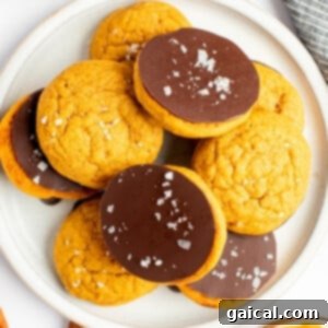 A plate of cookies, with some topped with a layer of chocolate and sea salt flakes, arranged on a white plate.