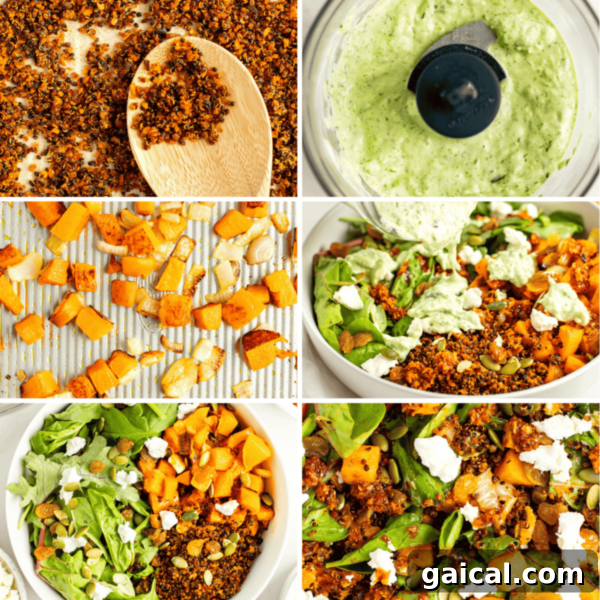 A vibrant, fresh salad featuring a mix of greens, crispy quinoa, roasted butternut squash, and crumbled goat cheese, ready to be dressed.