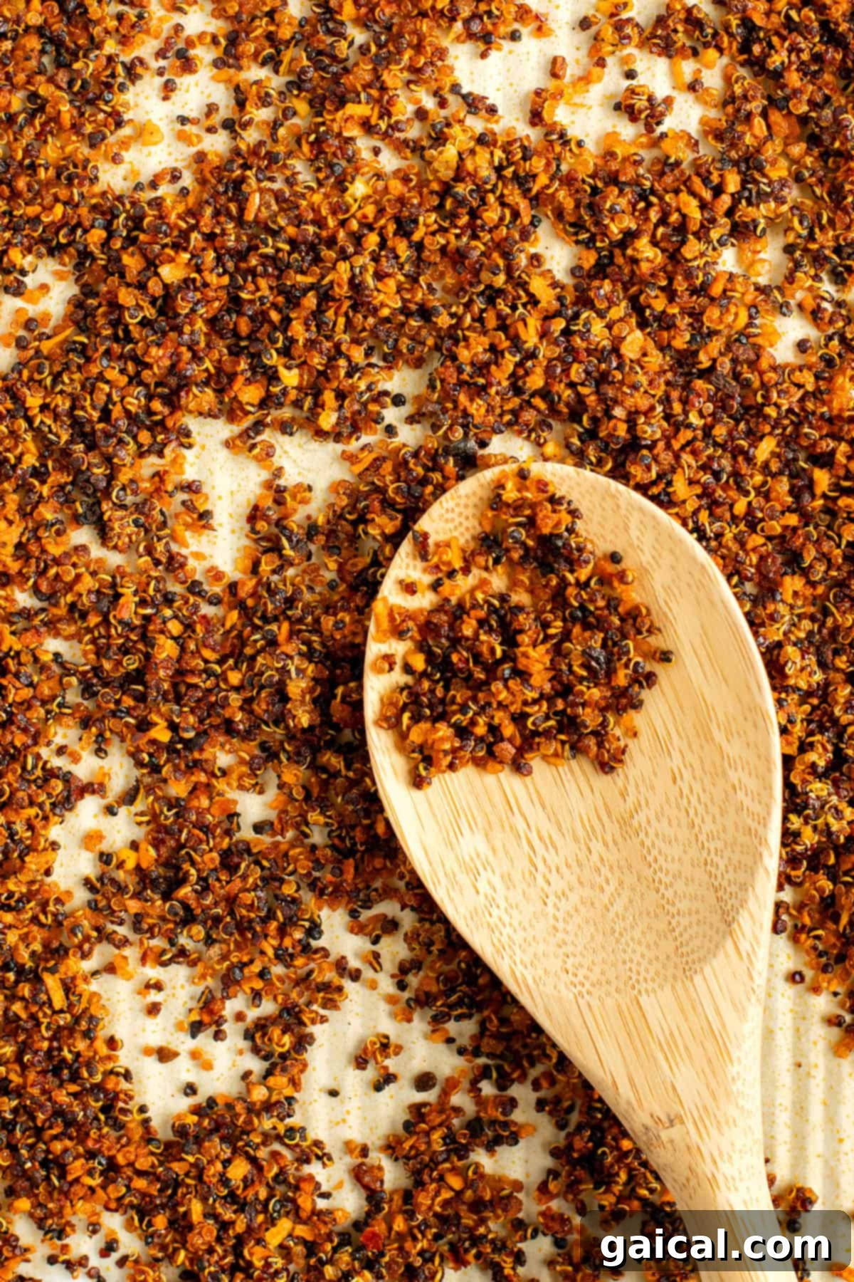 A wooden spoon rests on a surface covered with toasted quinoa grains, highlighting their golden, crispy texture.