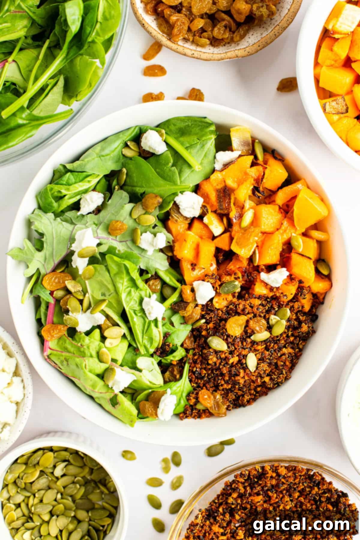A bowl of salad with spinach, roasted butternut squash, quinoa, pumpkin seeds, and goat cheese crumbles, surrounded by small bowls of salad ingredients, including raisins and seeds, ready for a delicious meal.