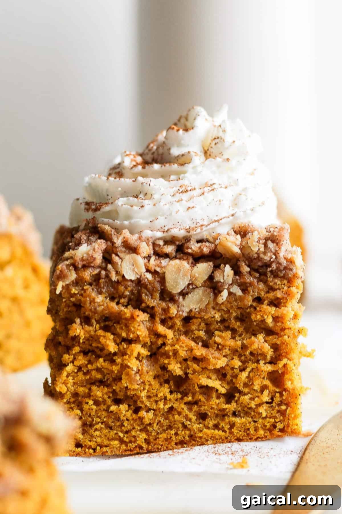 A delectable slice of pumpkin coffee cake, elegantly adorned with a dollop of whipped cream and a delicate sprinkle of cinnamon, resting on a pristine white surface.