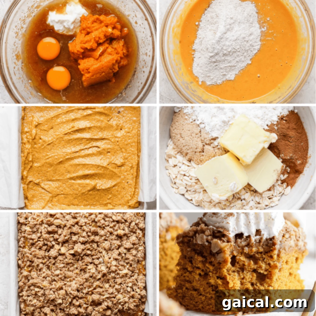 A visual guide in six panels showing the process of making pumpkin coffee cake, from mixing batter to the final baked slice with whipped cream.