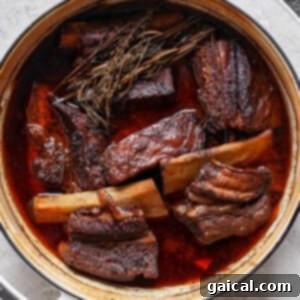 A large pot filled with braised short ribs in a rich, dark sauce, garnished with herbs on a light gray surface.