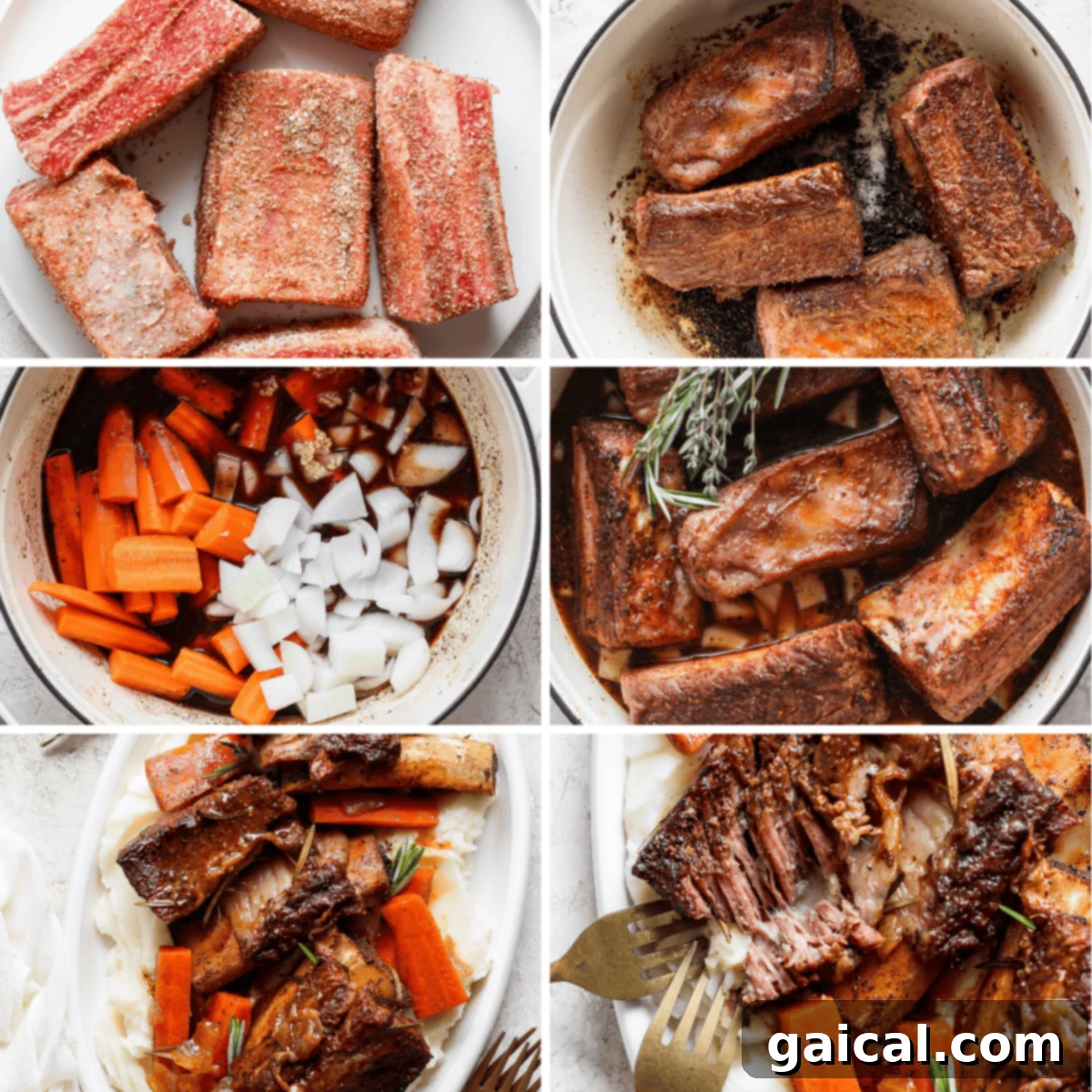 Melt-in-Your-Mouth Short Ribs 3 Collage of six steps detailing the preparation and cooking of braised short ribs with carrots and onions, from raw seasoned ribs to the final plated dish.